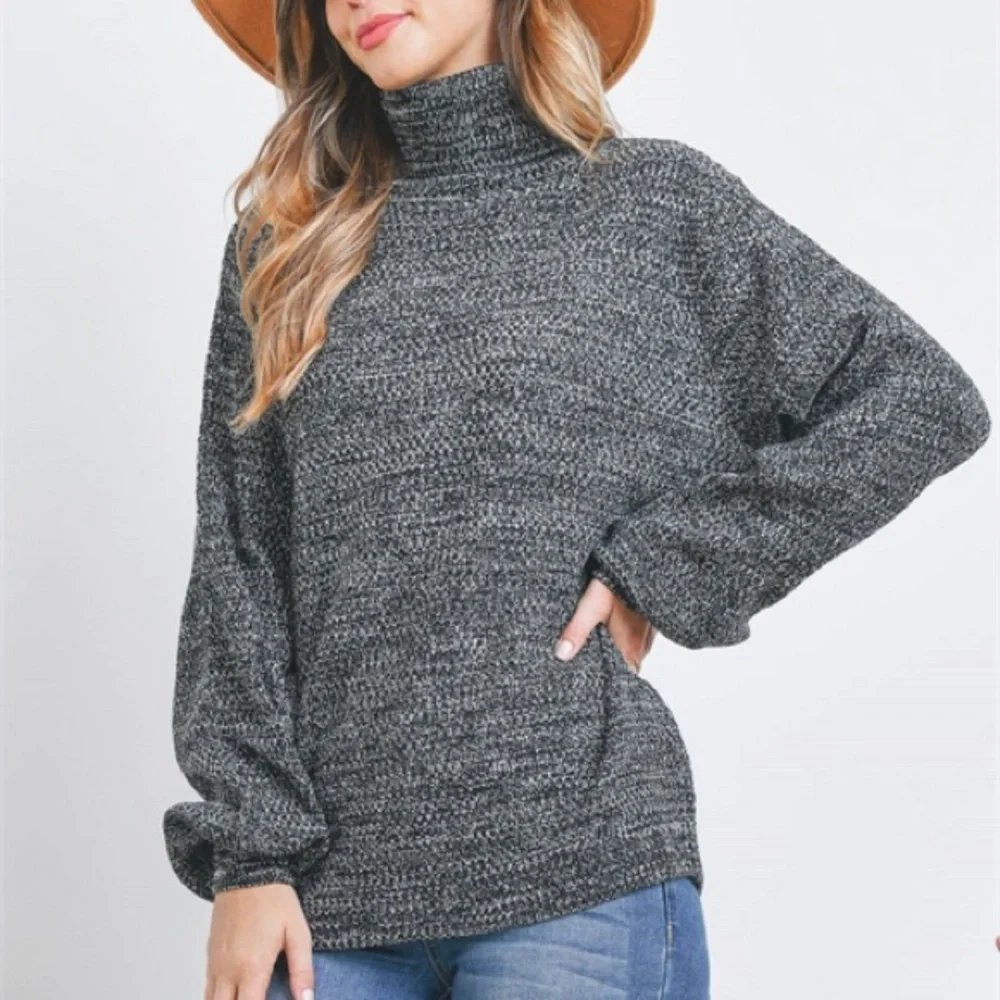 TURTLENECK MELANGE BALLOON SLEEVE SWEATER- BLACK - Picture 5 of 9